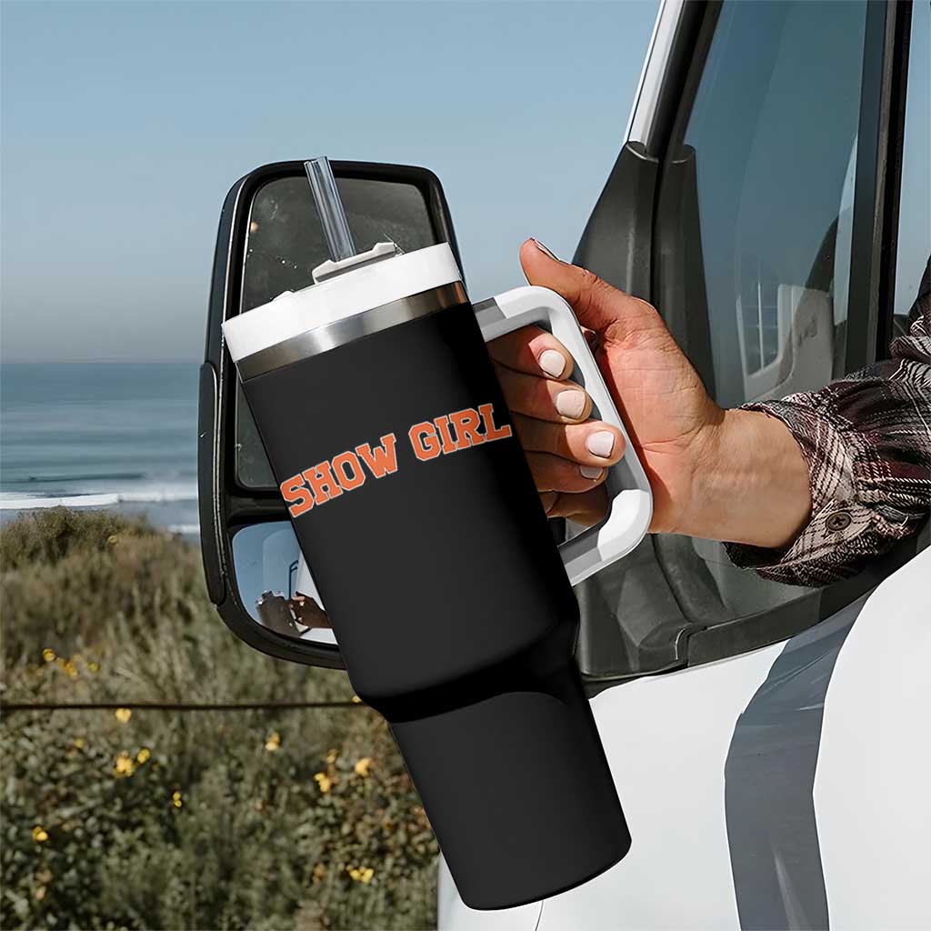 Showgirl Tumbler With Handle Retro Vintage Varsity Sports Orange Text - Wonder Print Shop