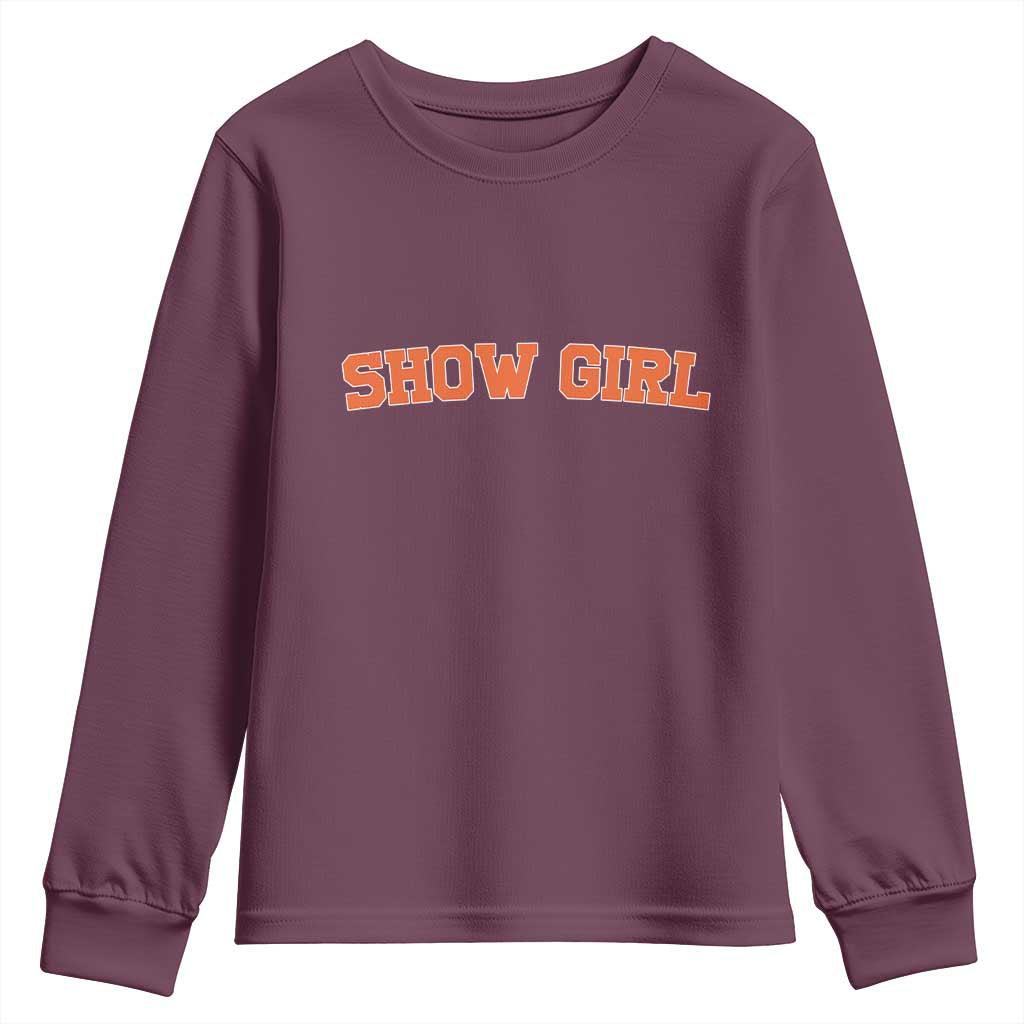 Showgirl Youth Sweatshirt Retro Vintage Varsity Sports Orange Text - Wonder Print Shop