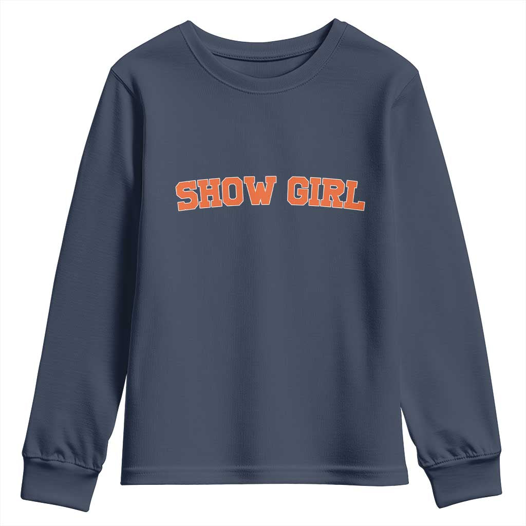 Showgirl Youth Sweatshirt Retro Vintage Varsity Sports Orange Text - Wonder Print Shop