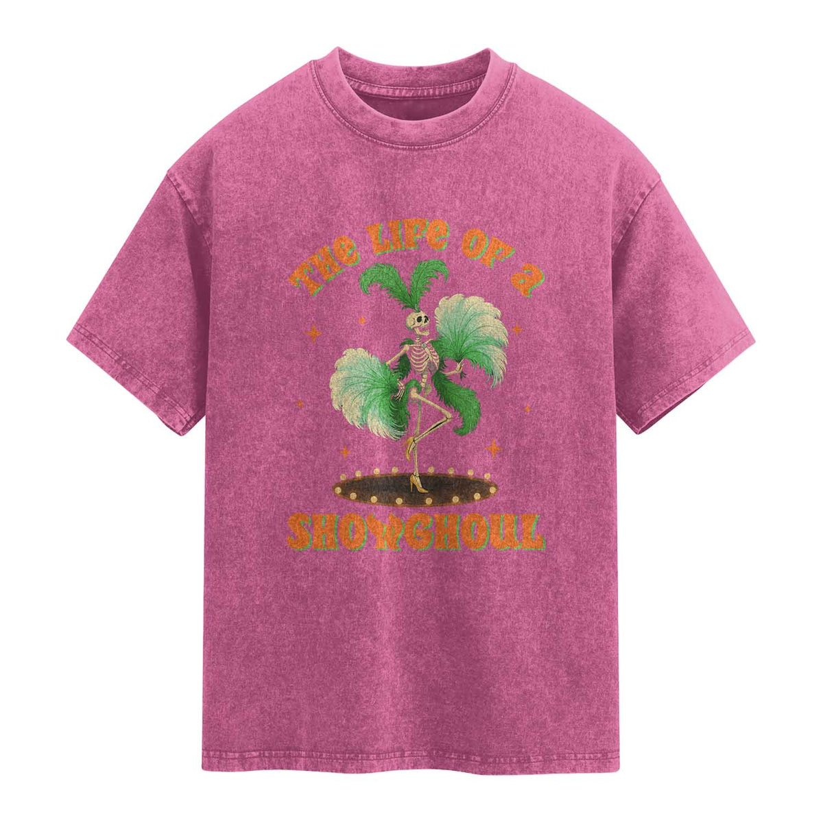 Funny Halloween Costume Showgirl Washed Cotton T-Shirt The Life of A Showghoul Slay Skeleton Girl