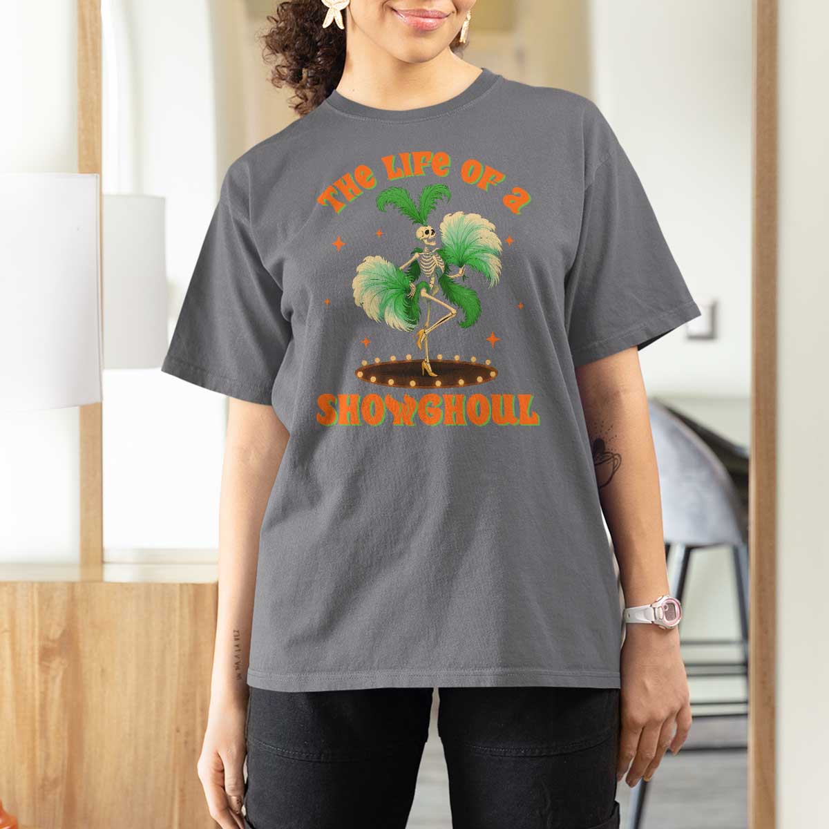 Funny Halloween Costume Showgirl T Shirt For Women The Life of A Showghoul Slay Skeleton Girl - Wonder Print Shop