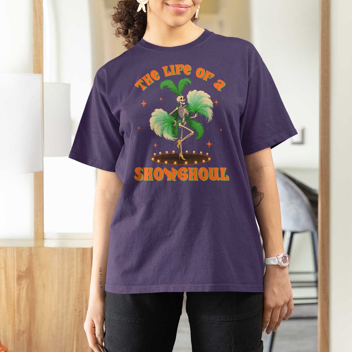 Funny Halloween Costume Showgirl T Shirt For Women The Life of A Showghoul Slay Skeleton Girl - Wonder Print Shop