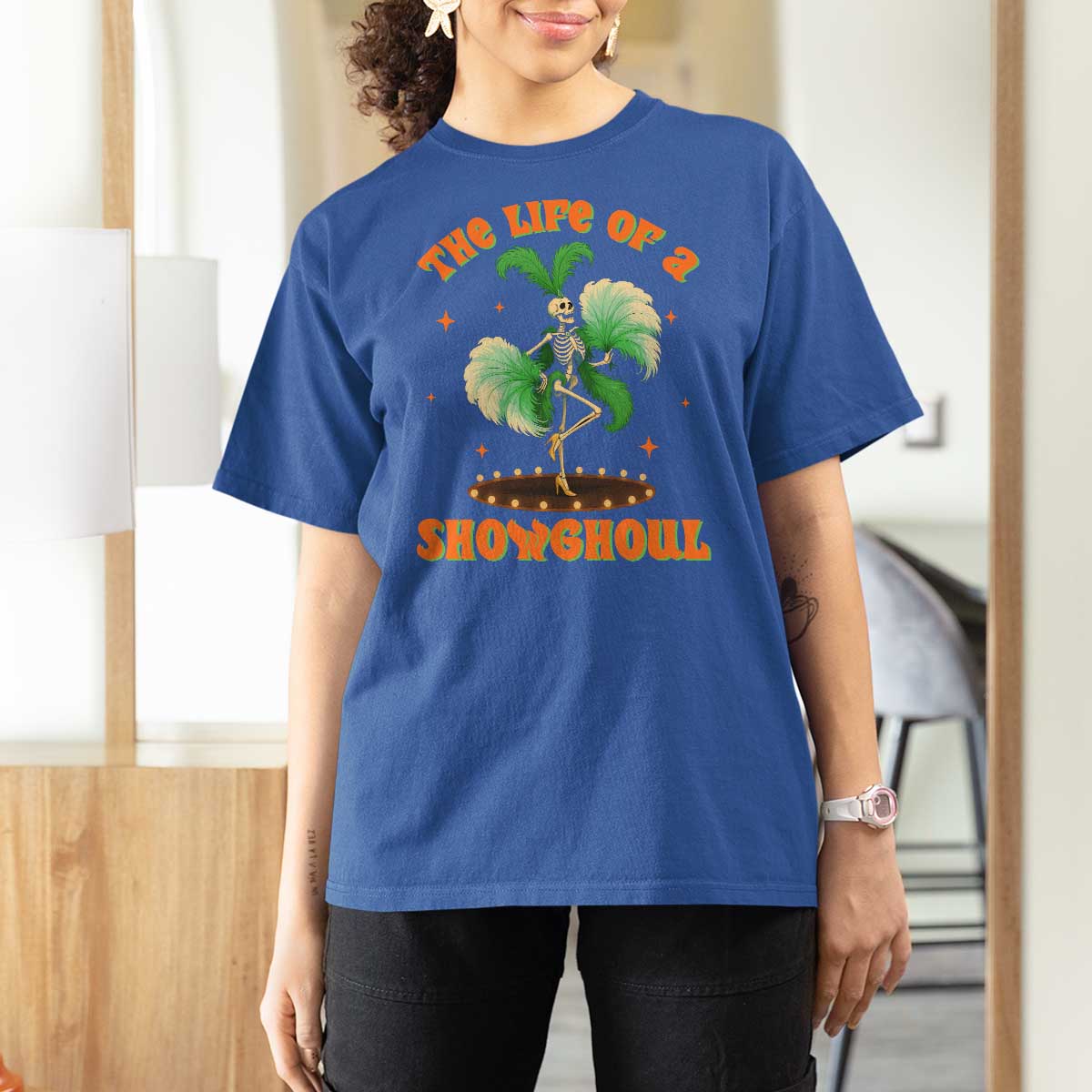 Funny Halloween Costume Showgirl T Shirt For Women The Life of A Showghoul Slay Skeleton Girl - Wonder Print Shop