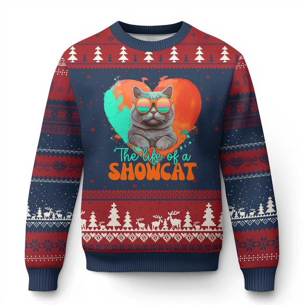 The Life Of A Showcat Ugly Christmas Sweater Funny Cat Showgirl Era Heart Shape - Wonder Print Shop