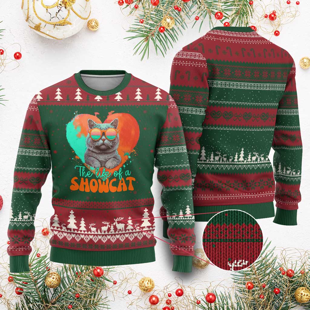 The Life Of A Showcat Ugly Christmas Sweater Funny Cat Showgirl Era Heart Shape - Wonder Print Shop