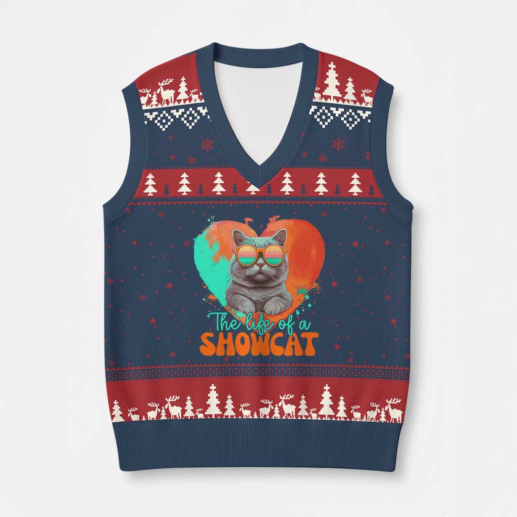 The Life Of A Showcat V-Neck Knit Sweater Vest Funny Cat Showgirl Era Heart Shape - Wonder Print Shop