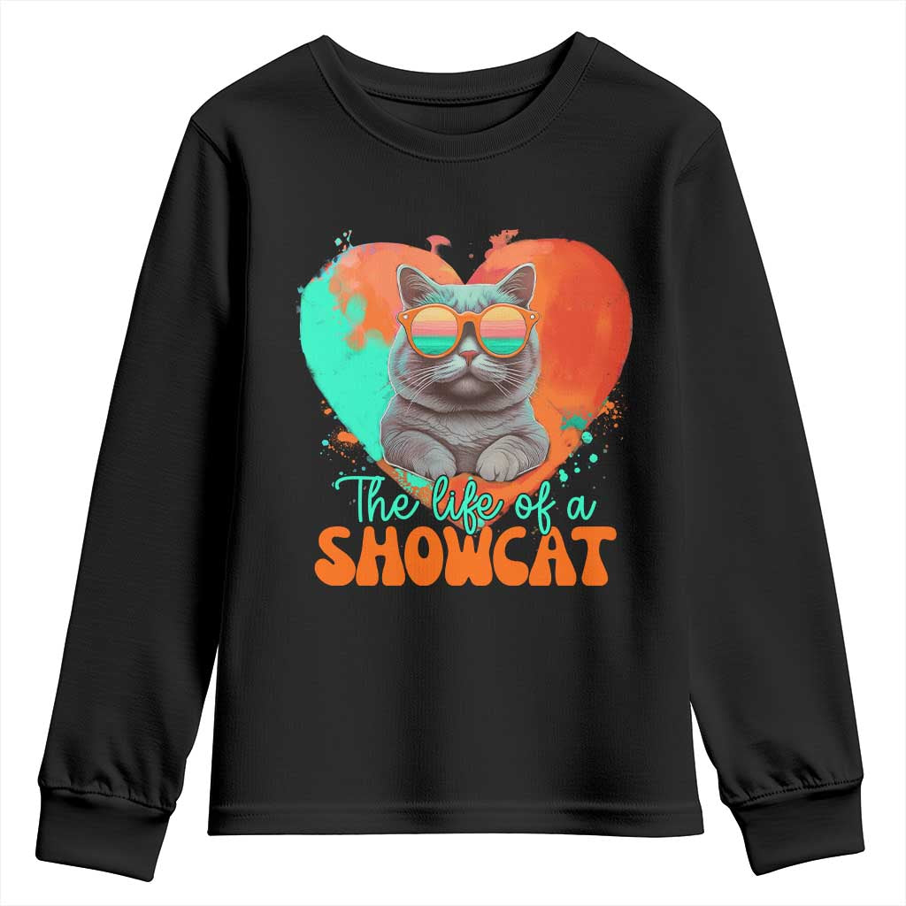 The Life Of A Showcat Youth Sweatshirt Funny Cat Showgirl Era Heart Shape - Wonder Print Shop