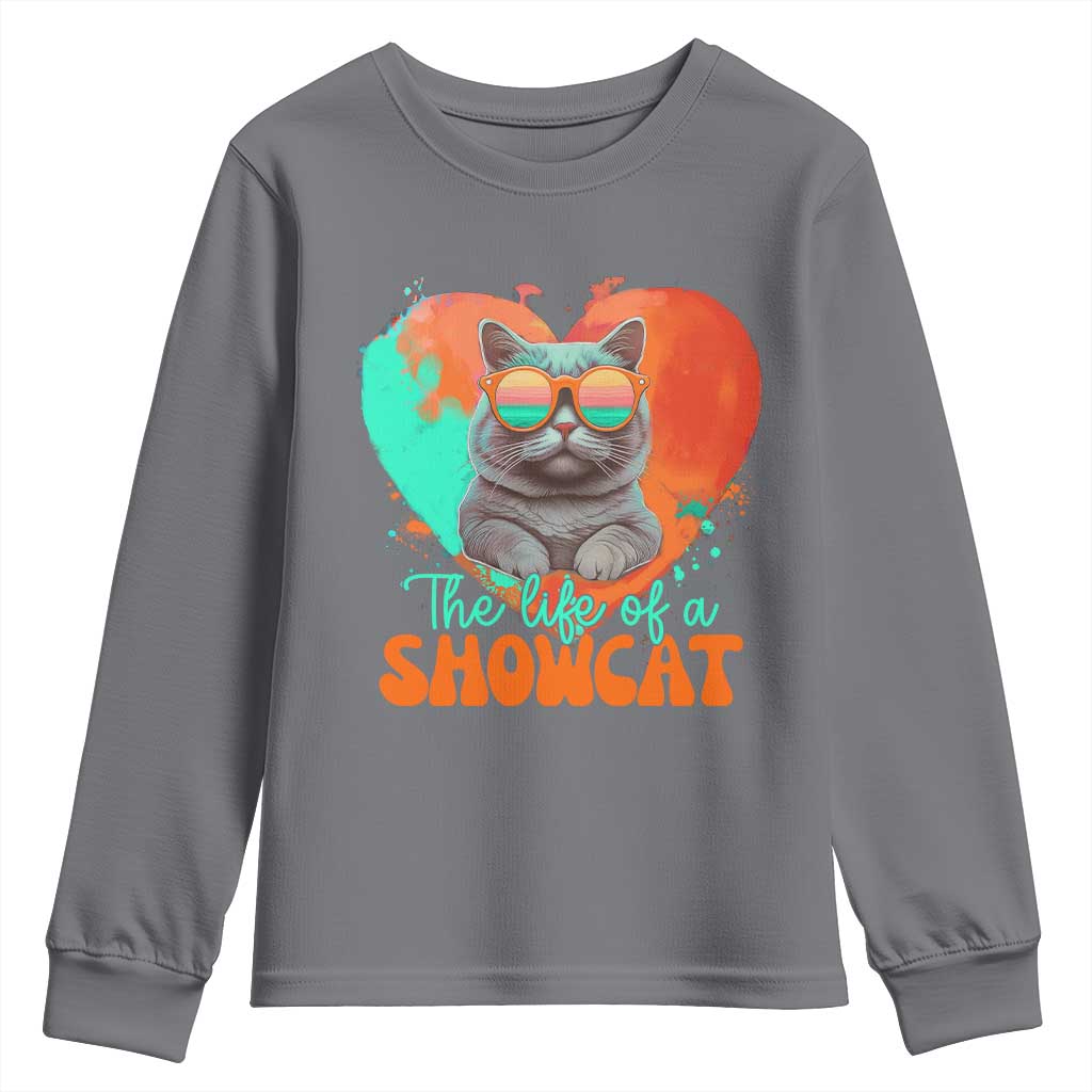 The Life Of A Showcat Youth Sweatshirt Funny Cat Showgirl Era Heart Shape - Wonder Print Shop