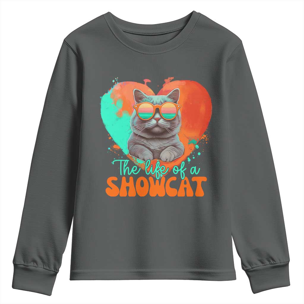 The Life Of A Showcat Youth Sweatshirt Funny Cat Showgirl Era Heart Shape - Wonder Print Shop