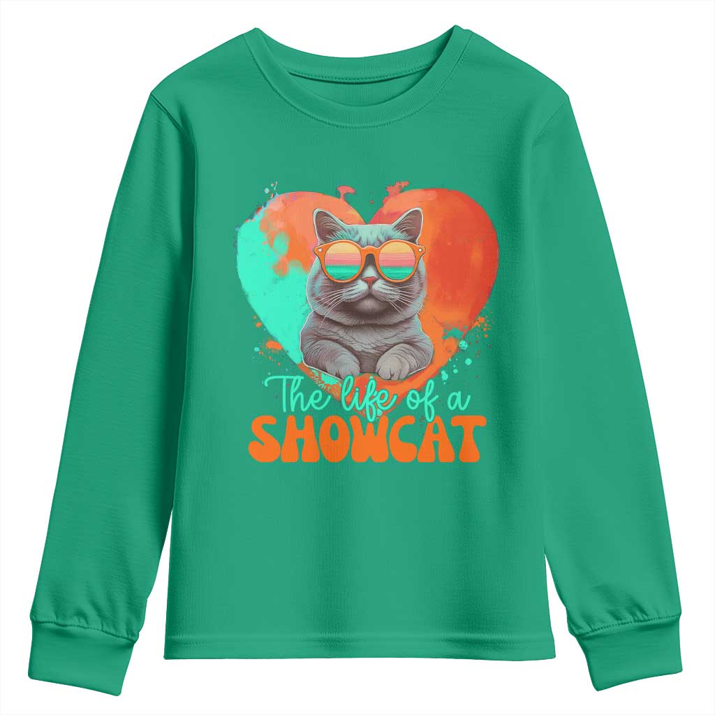 The Life Of A Showcat Youth Sweatshirt Funny Cat Showgirl Era Heart Shape - Wonder Print Shop