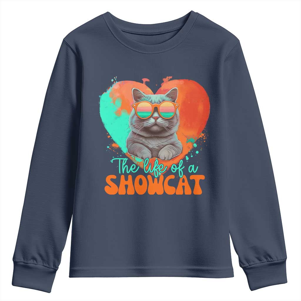 The Life Of A Showcat Youth Sweatshirt Funny Cat Showgirl Era Heart Shape - Wonder Print Shop