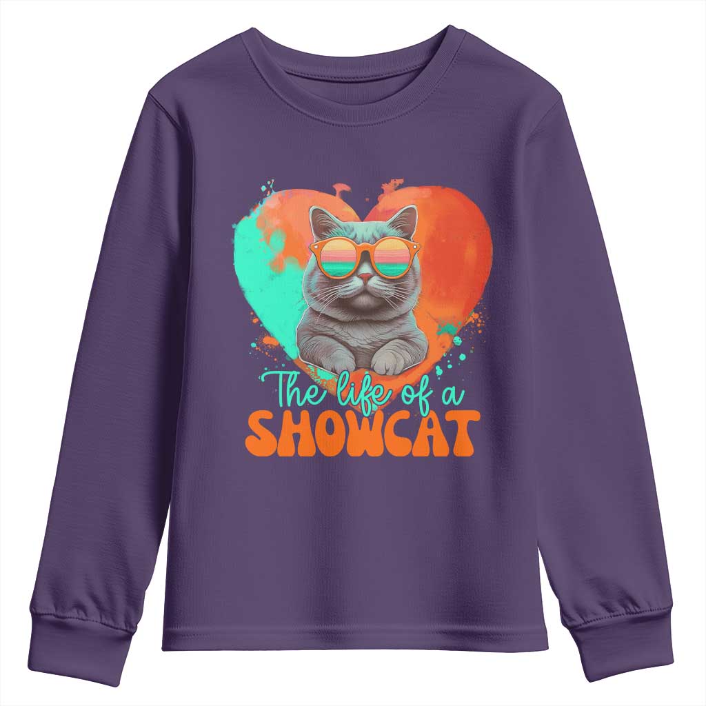 The Life Of A Showcat Youth Sweatshirt Funny Cat Showgirl Era Heart Shape - Wonder Print Shop