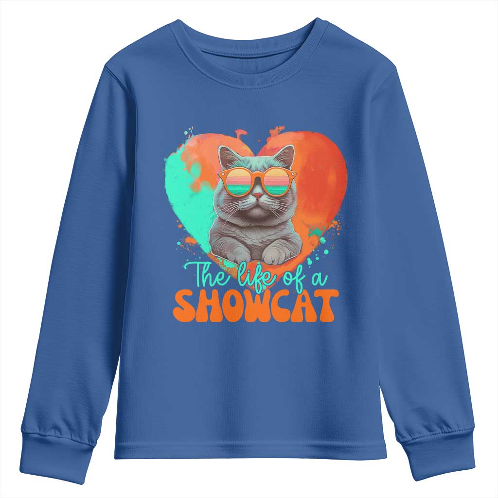 The Life Of A Showcat Youth Sweatshirt Funny Cat Showgirl Era Heart Shape - Wonder Print Shop