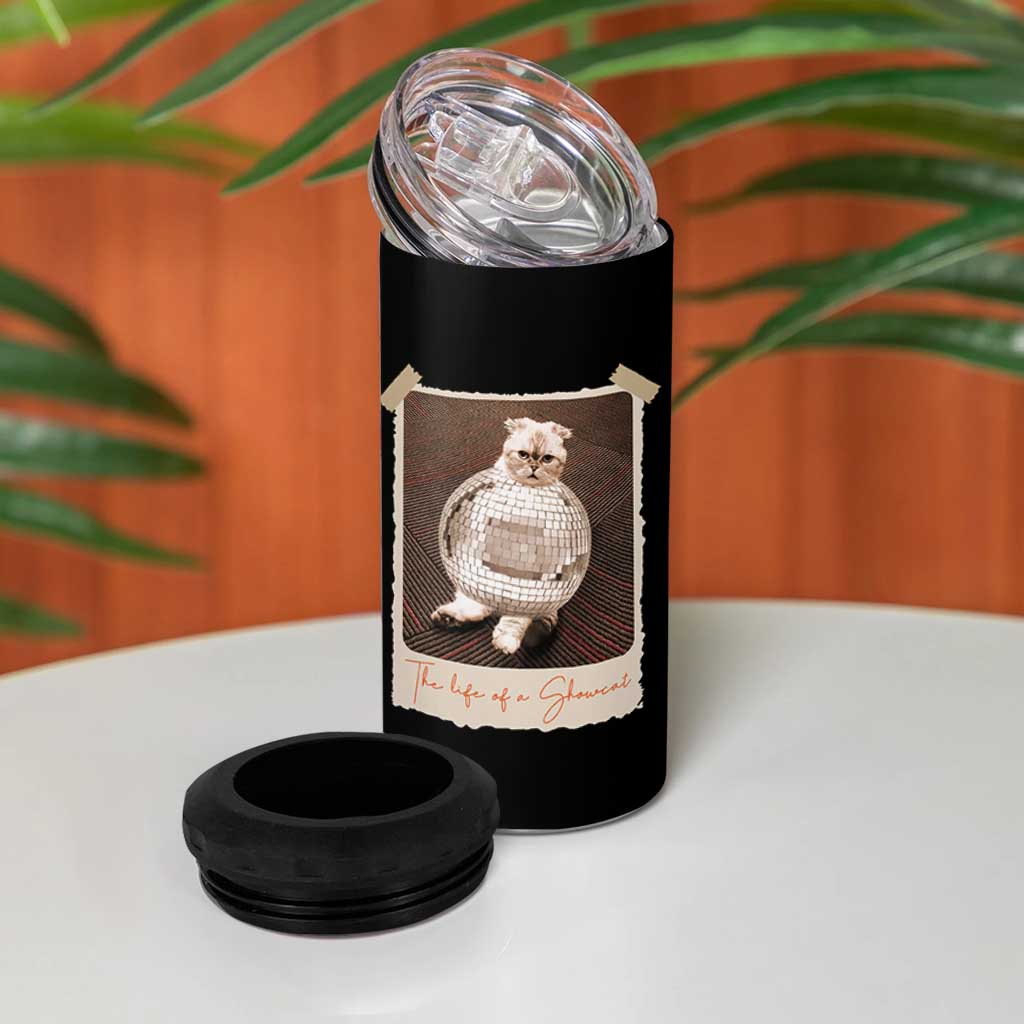 The Life Of A Showcat 4 in 1 Can Cooler Tumbler Funny Vintage Photo Cat Era - Wonder Print Shop