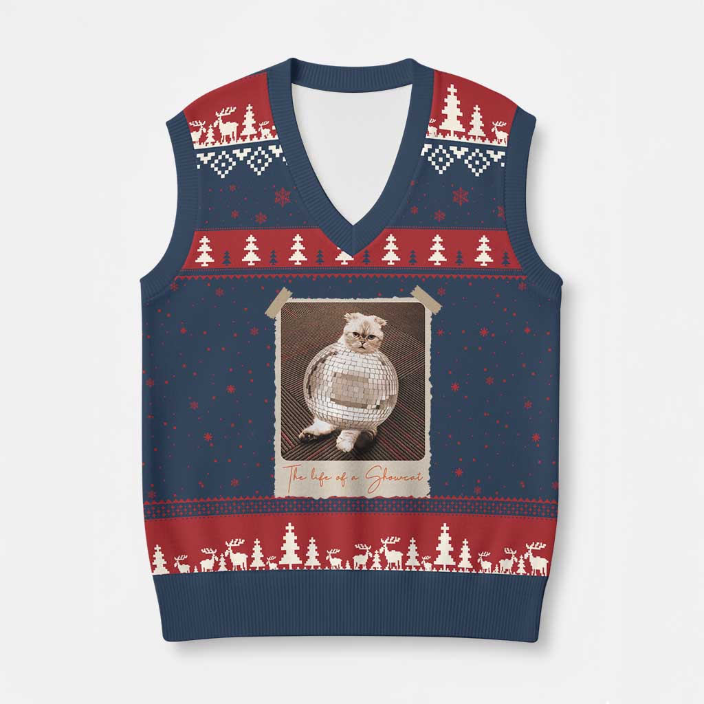The Life Of A Showcat V-Neck Knit Sweater Vest Funny Vintage Photo Cat Era - Wonder Print Shop