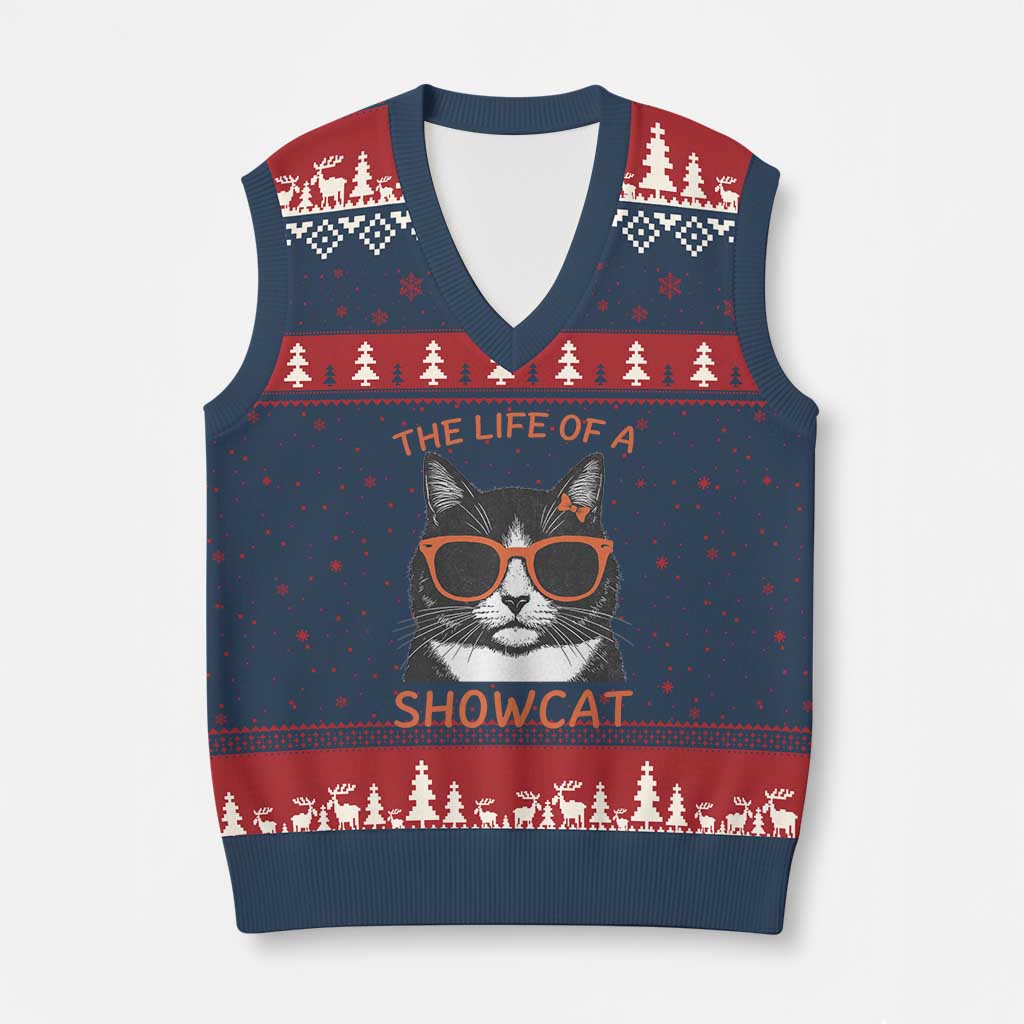 The Life Of A Showcat V-Neck Knit Sweater Vest Funny Cat Showgirl Era - Wonder Print Shop