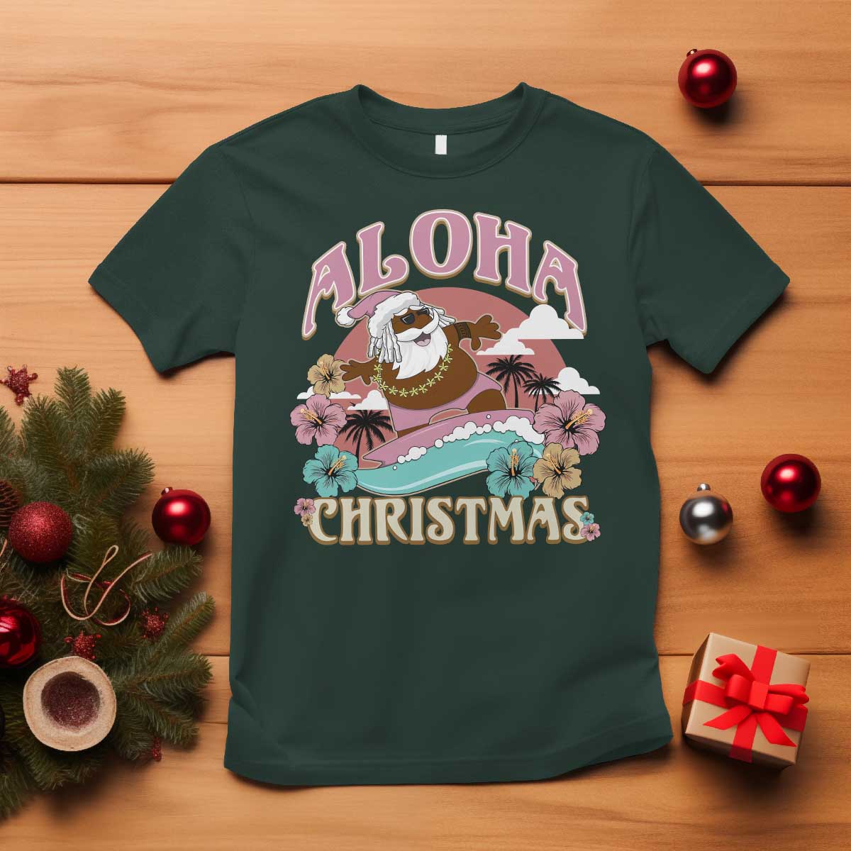 Hawaii Christmas T Shirt Retro African American Surfing Santa With Tattoos Aloha Christmas - Wonder Print Shop