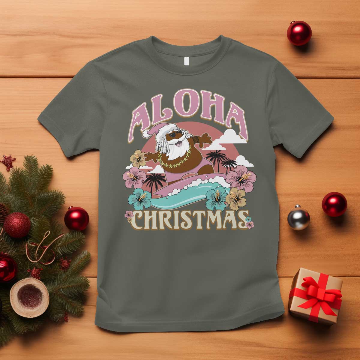 Hawaii Christmas T Shirt Retro African American Surfing Santa With Tattoos Aloha Christmas - Wonder Print Shop