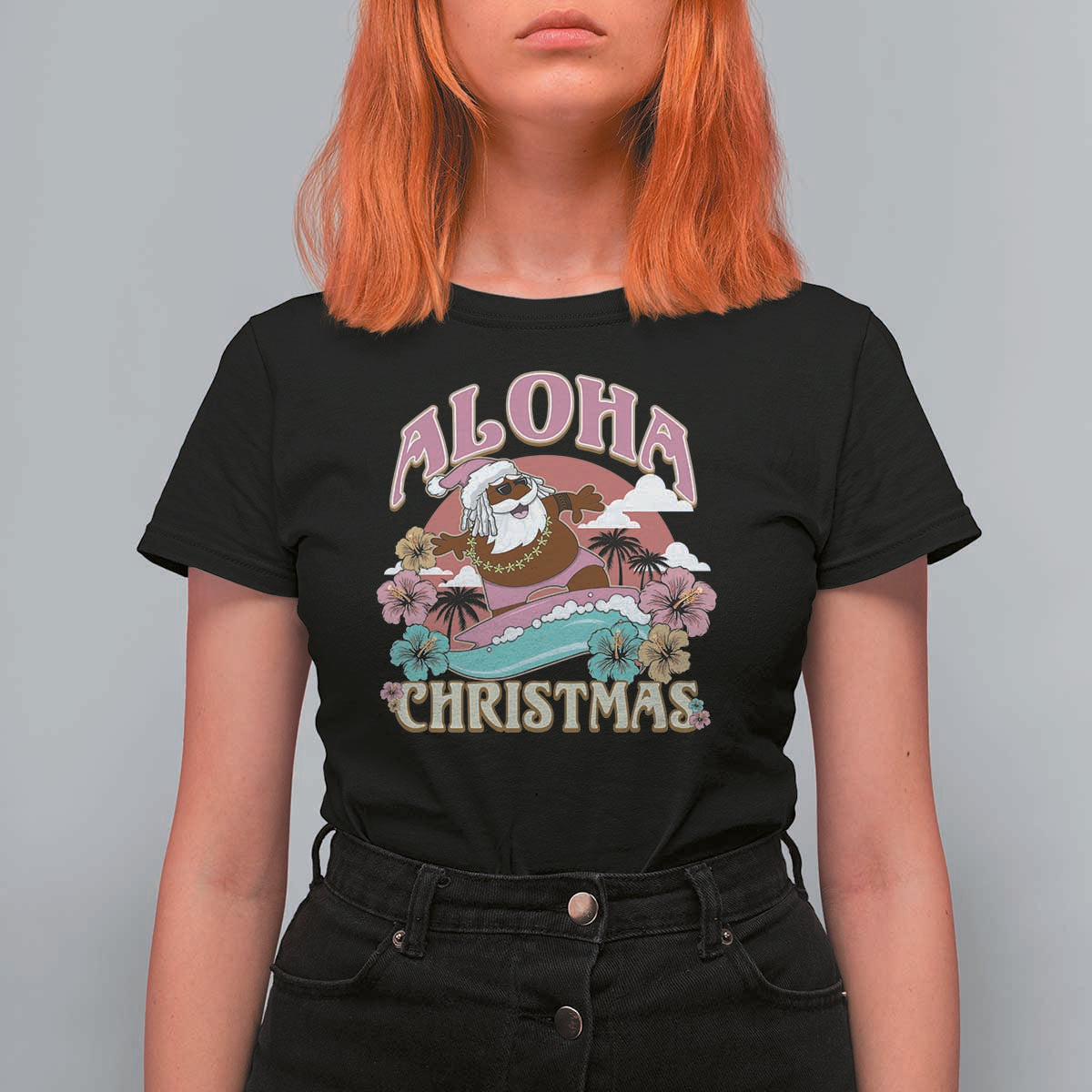 Hawaii Christmas T Shirt For Women Retro African American Surfing Santa With Tattoos Aloha Christmas - Wonder Print Shop
