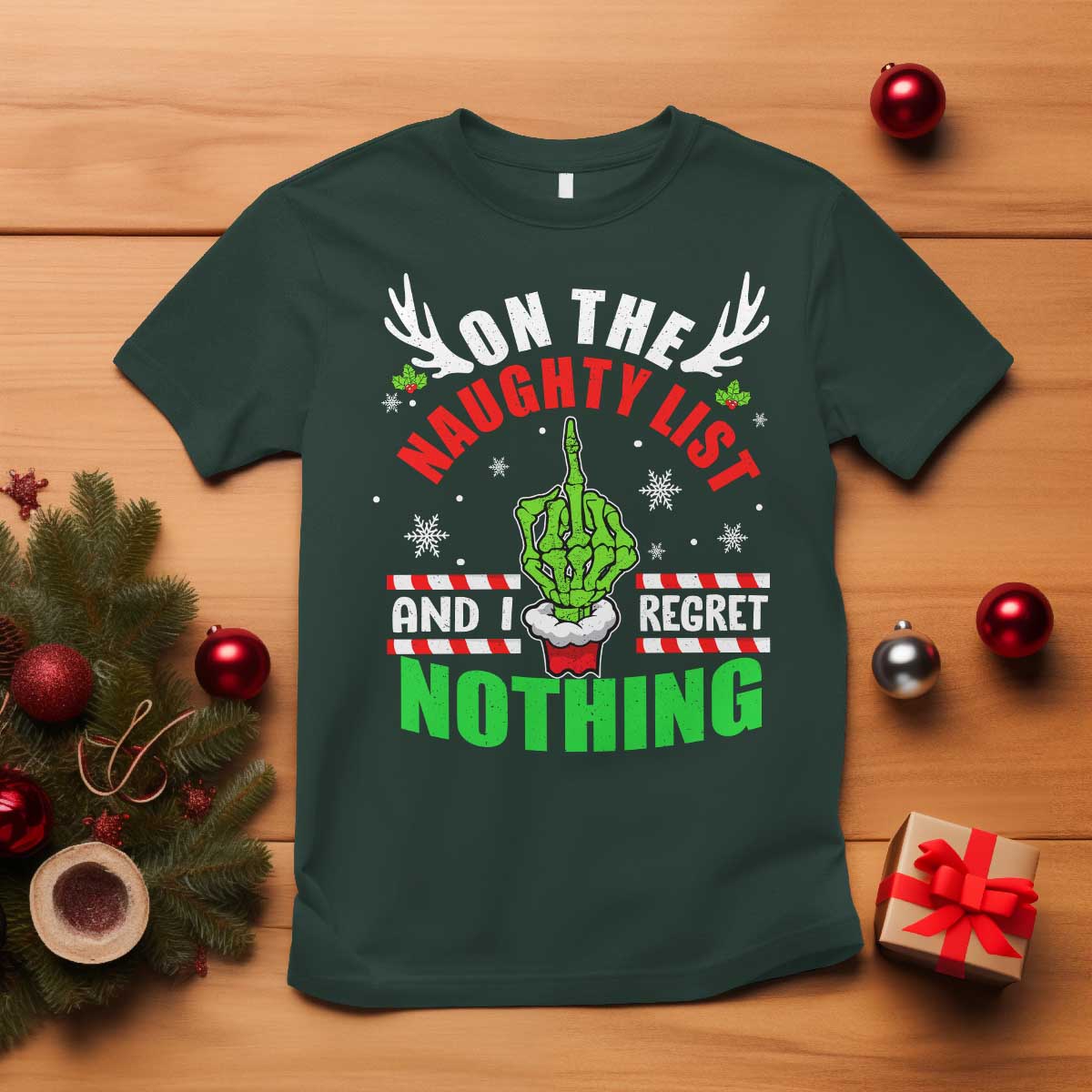 Funny Xmas T Shirt On The List Of Naughty And I Regret Nothing Christmas - Wonder Print Shop