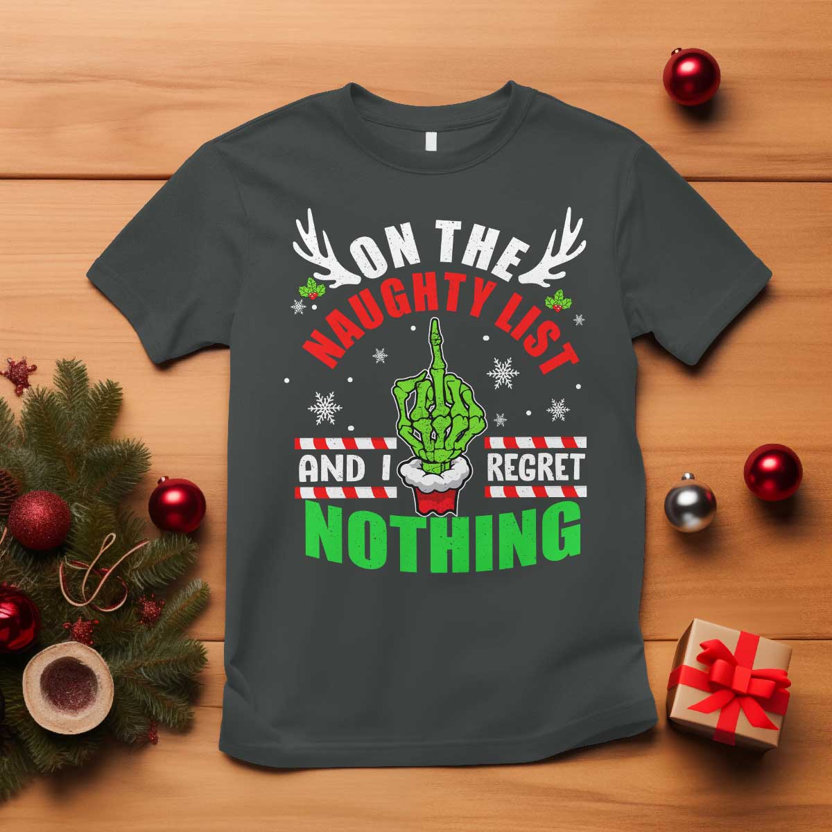 Funny Xmas T Shirt On The List Of Naughty And I Regret Nothing Christmas - Wonder Print Shop