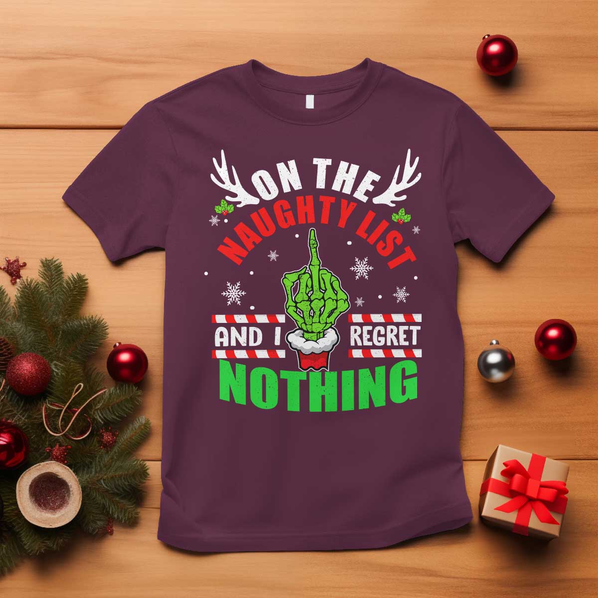 Funny Xmas T Shirt On The List Of Naughty And I Regret Nothing Christmas - Wonder Print Shop