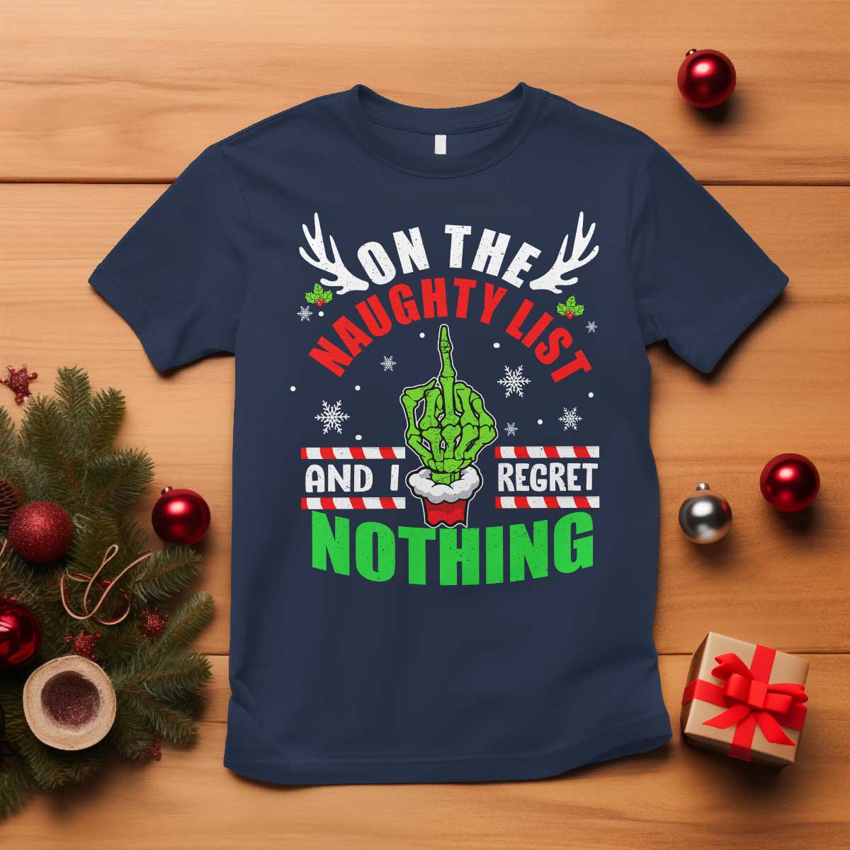Funny Xmas T Shirt On The List Of Naughty And I Regret Nothing Christmas - Wonder Print Shop
