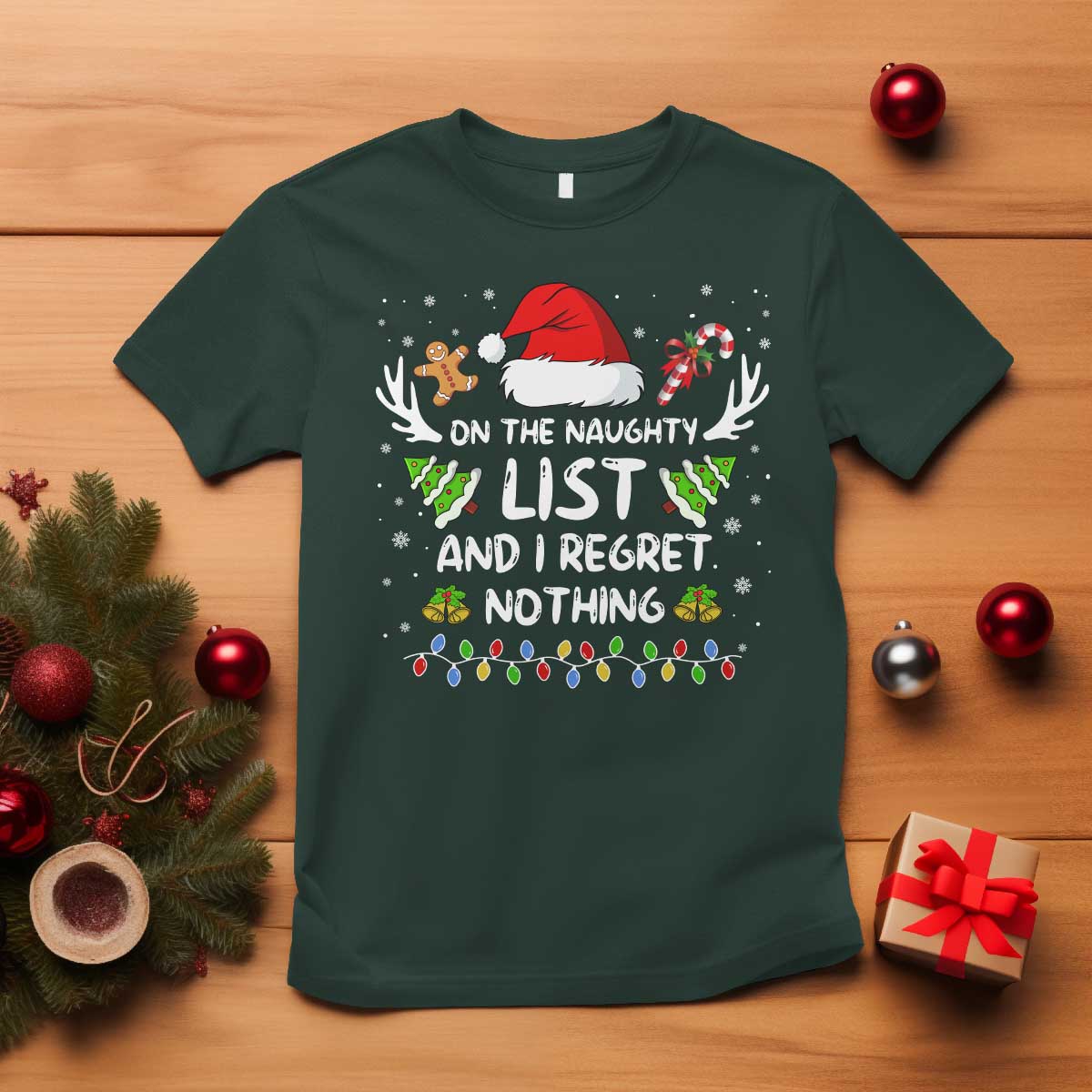Funny Xmas T Shirt On The List Of Naughty And I Regret Nothing - Wonder Print Shop