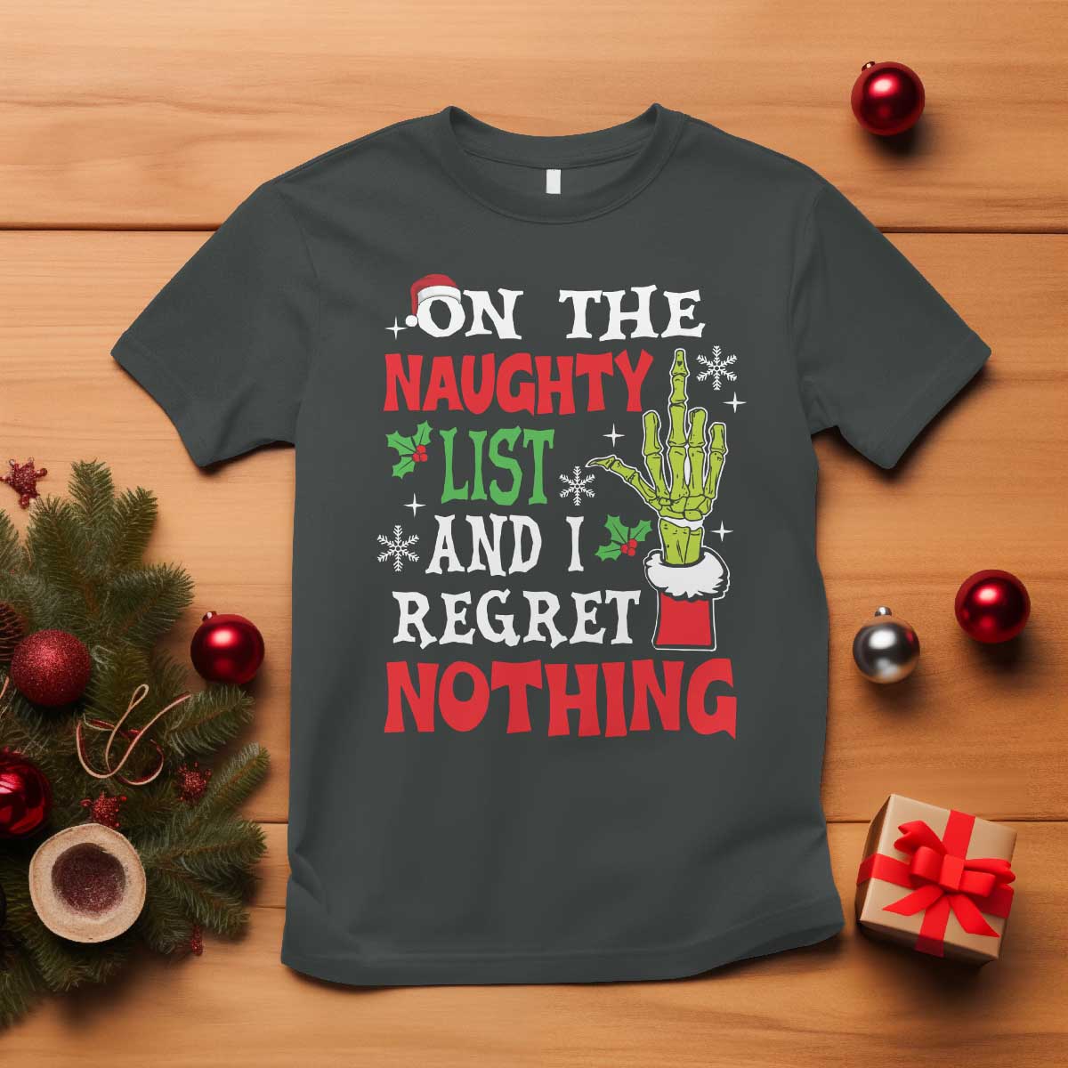 Funny Christmas T Shirt On The List Of Naughty And I Regret Nothing Xmas - Wonder Print Shop