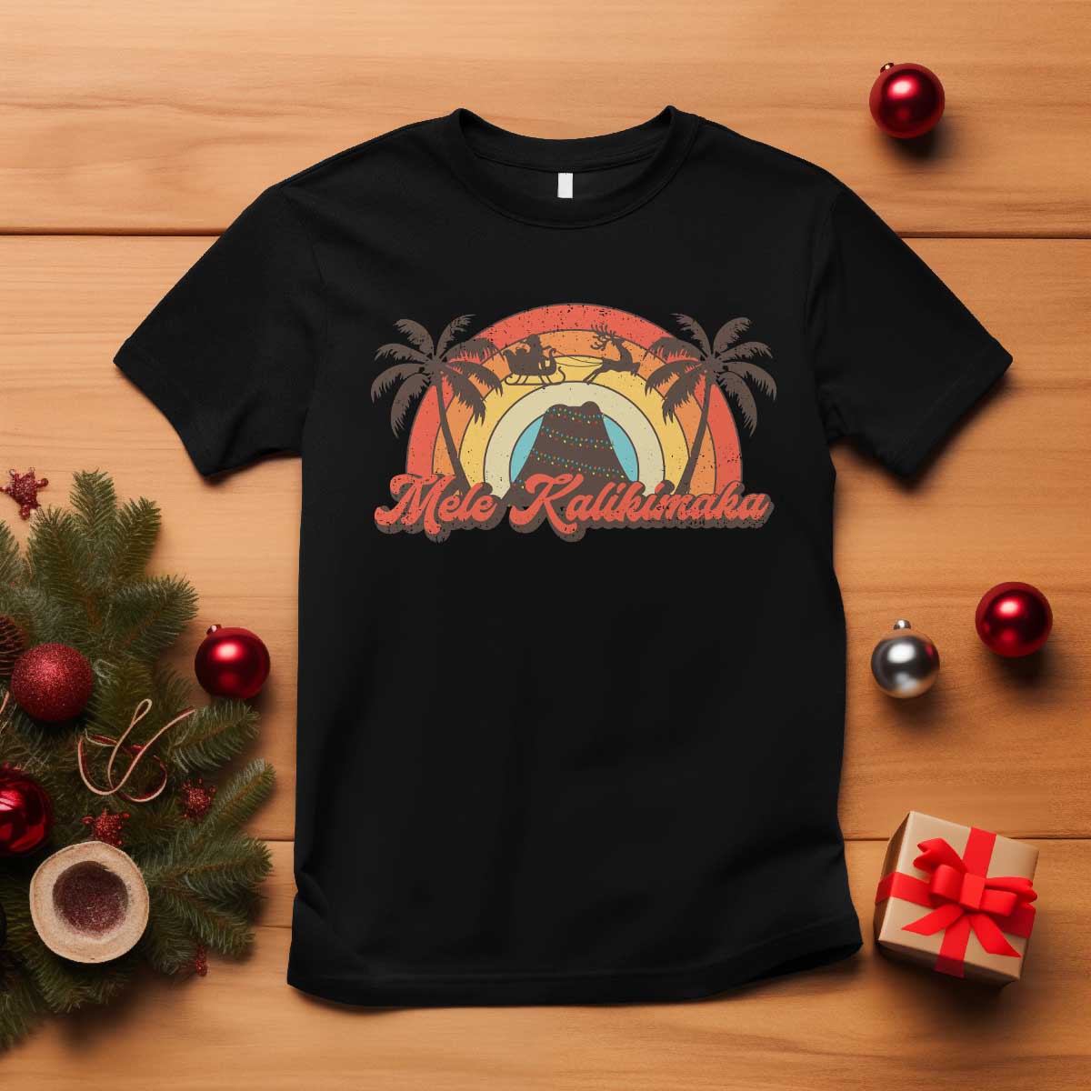 Hawaii Christmas T Shirt Mele Kalikimaka Retro Hawaiian Island Palm Tree Xmas Lights - Wonder Print Shop