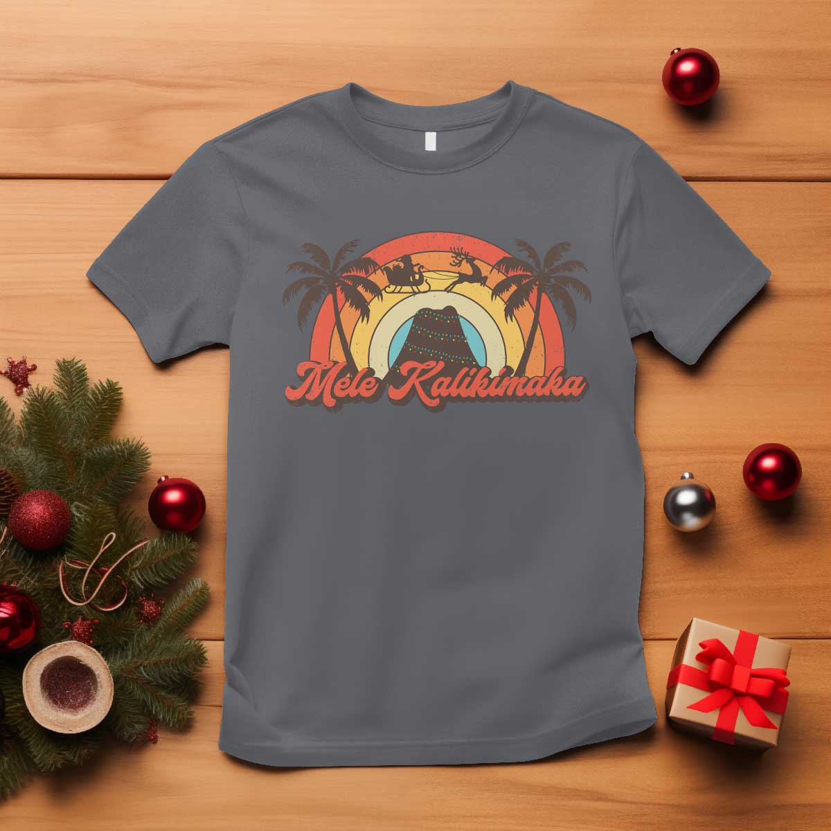 Hawaii Christmas T Shirt Mele Kalikimaka Retro Hawaiian Island Palm Tree Xmas Lights - Wonder Print Shop
