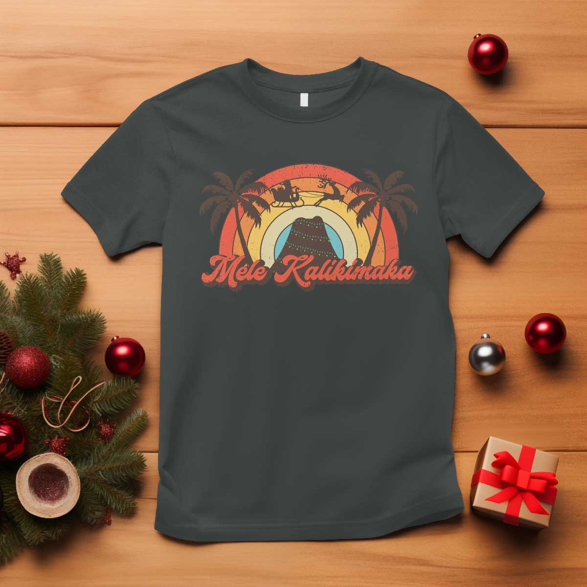 Hawaii Christmas T Shirt Mele Kalikimaka Retro Hawaiian Island Palm Tree Xmas Lights - Wonder Print Shop