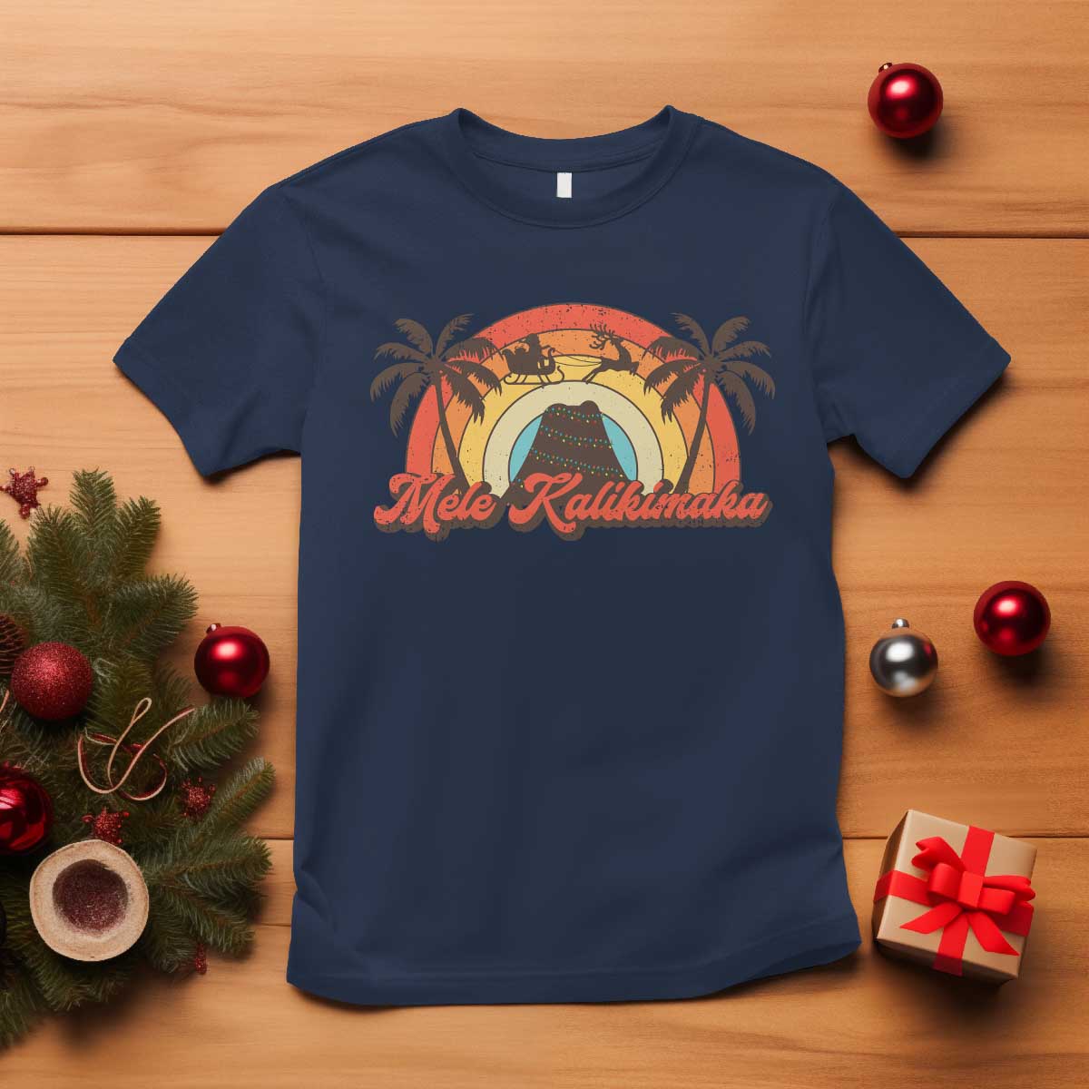 Hawaii Christmas T Shirt Mele Kalikimaka Retro Hawaiian Island Palm Tree Xmas Lights - Wonder Print Shop