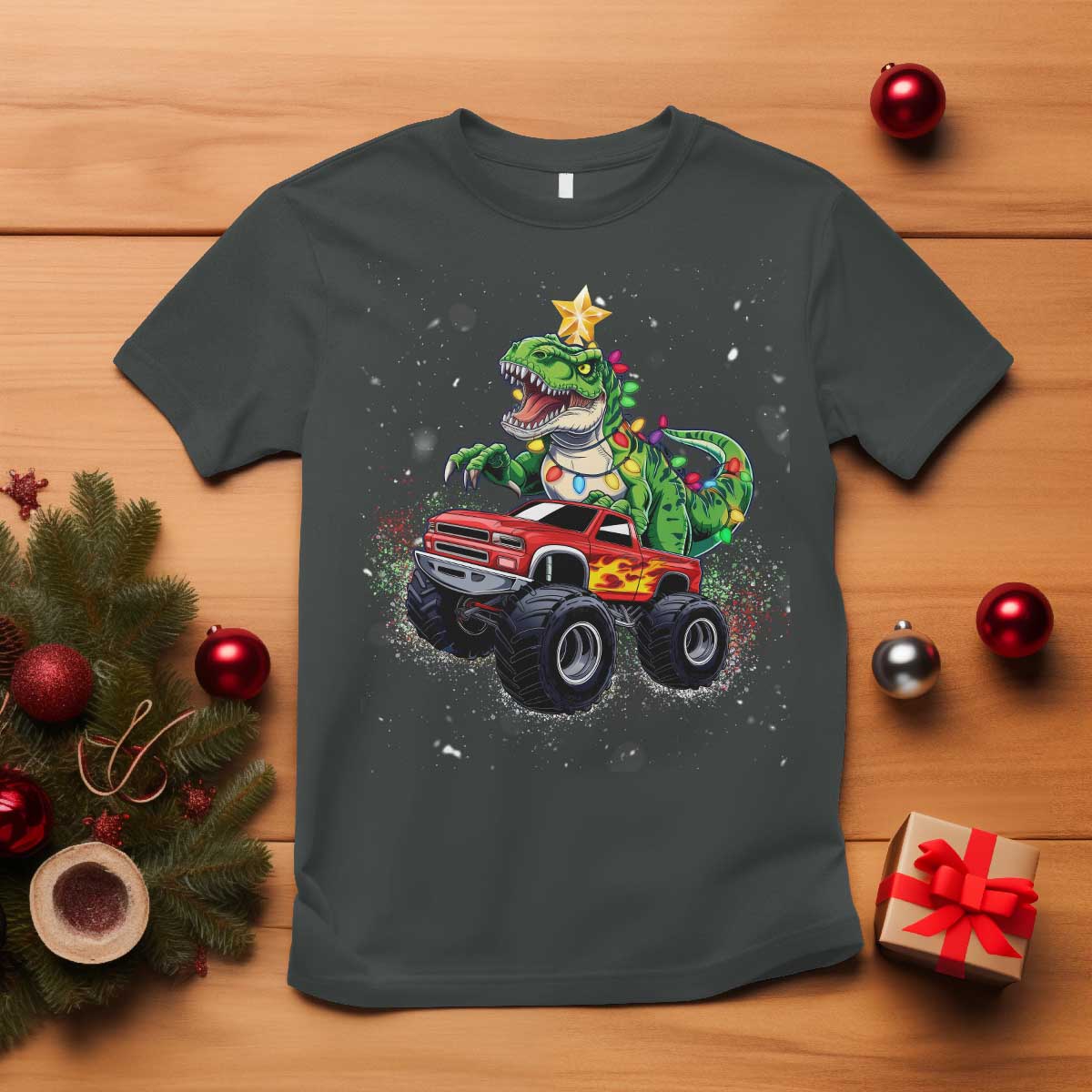 Christmas Dinosaur Monster Truck T Shirt - Wonder Print Shop