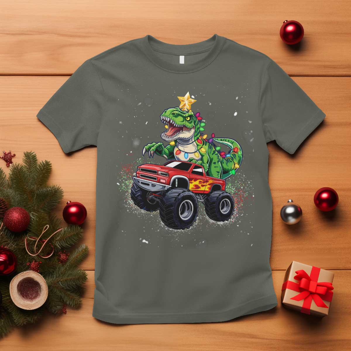 Christmas Dinosaur Monster Truck T Shirt - Wonder Print Shop