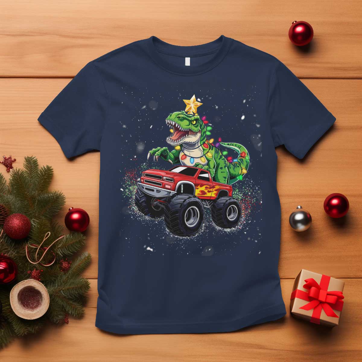 Christmas Dinosaur Monster Truck T Shirt - Wonder Print Shop