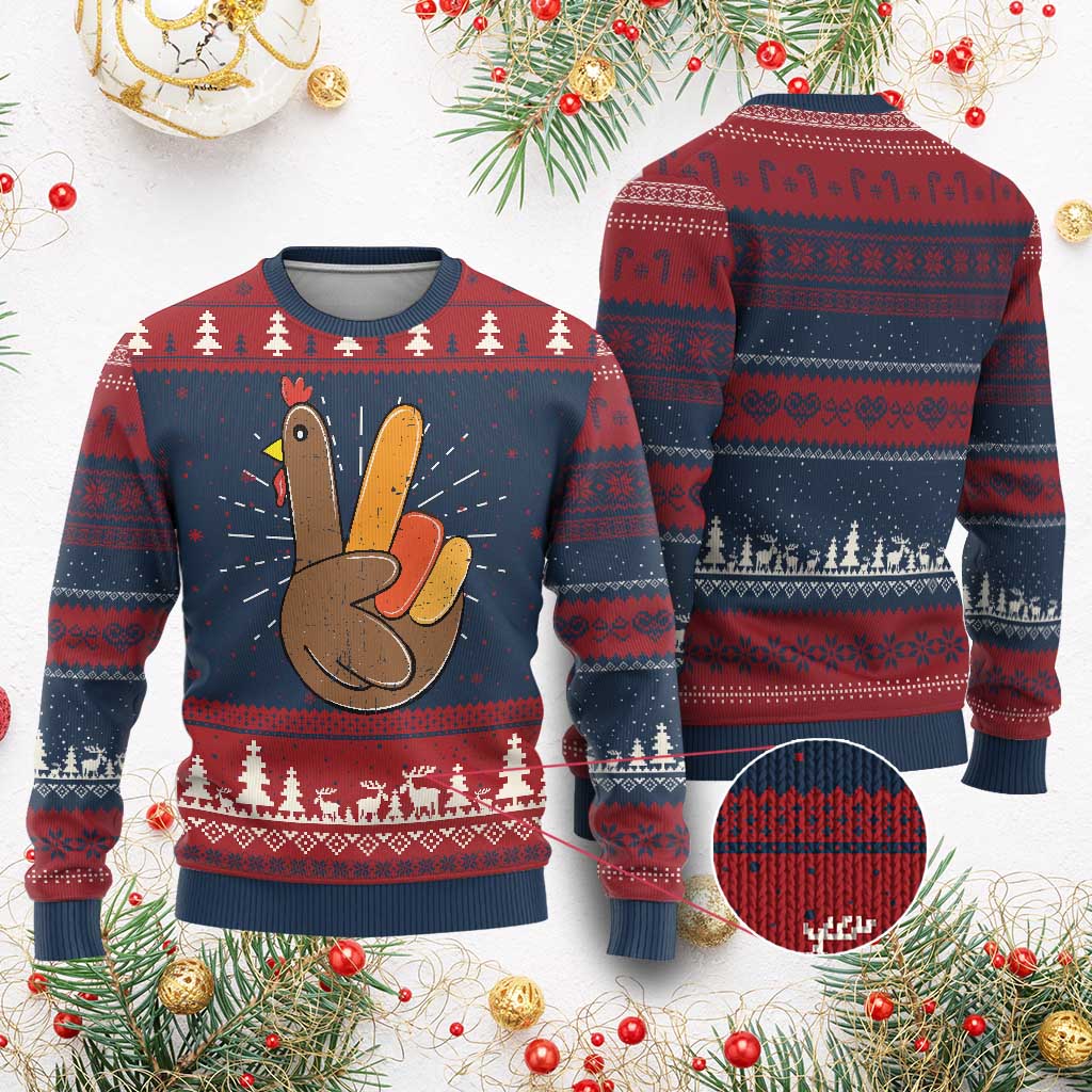 Thanksgiving Knitted Sweatshirt Peace Sign Turkey Hand Cool Thanksgiving Hippie - Wonder Print Shop