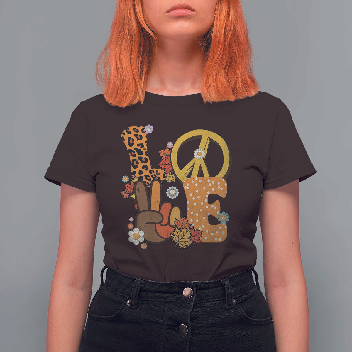 Thanksgiving T Shirt For Women Peace Sign Love Turkey Hand - Wonder Print Shop