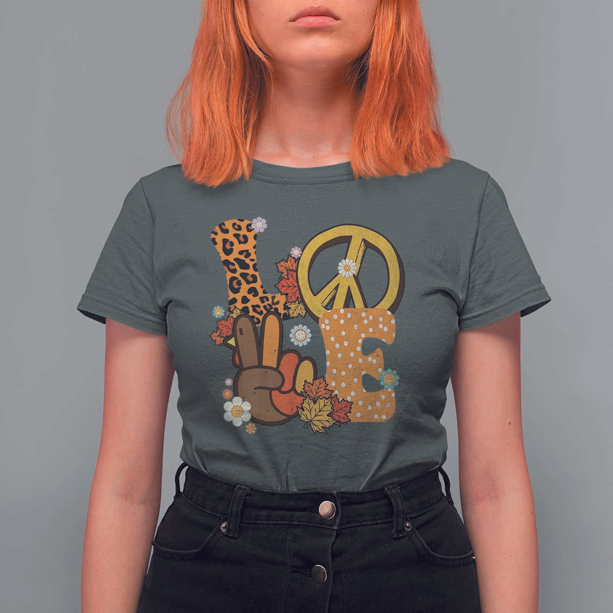 Thanksgiving T Shirt For Women Peace Sign Love Turkey Hand - Wonder Print Shop