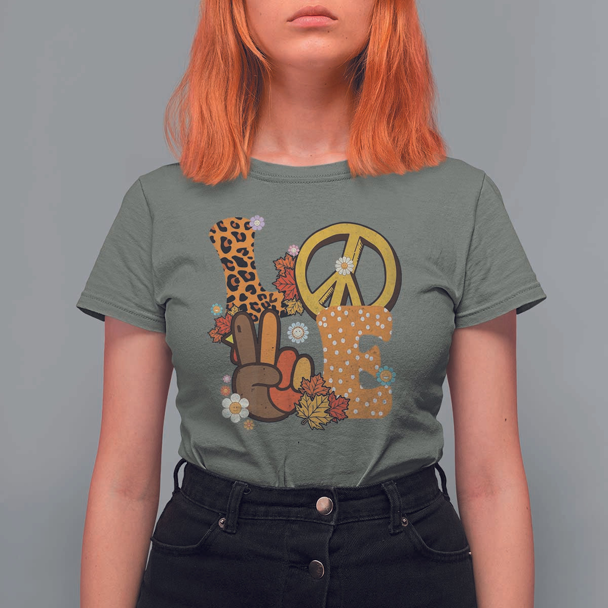 Thanksgiving T Shirt For Women Peace Sign Love Turkey Hand - Wonder Print Shop