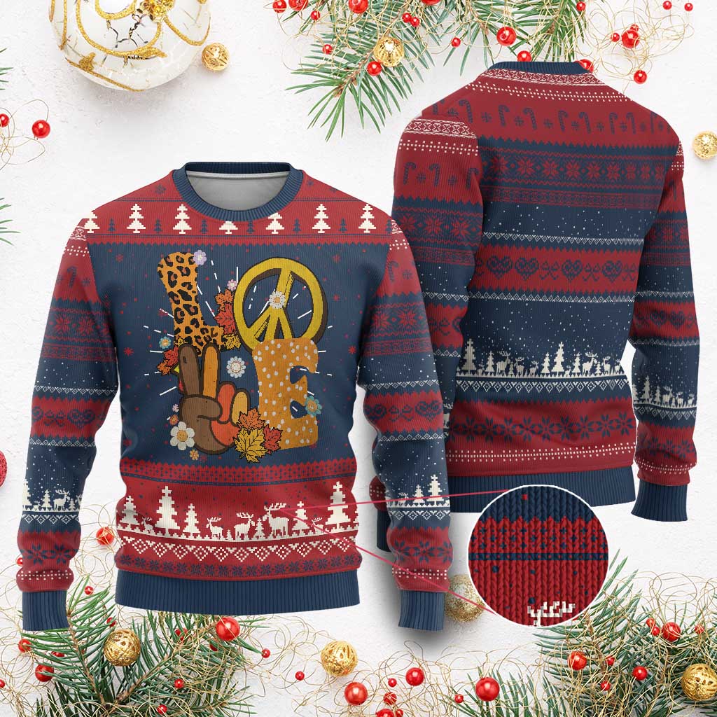 Thanksgiving Knitted Sweatshirt Peace Sign Love Turkey Hand - Wonder Print Shop