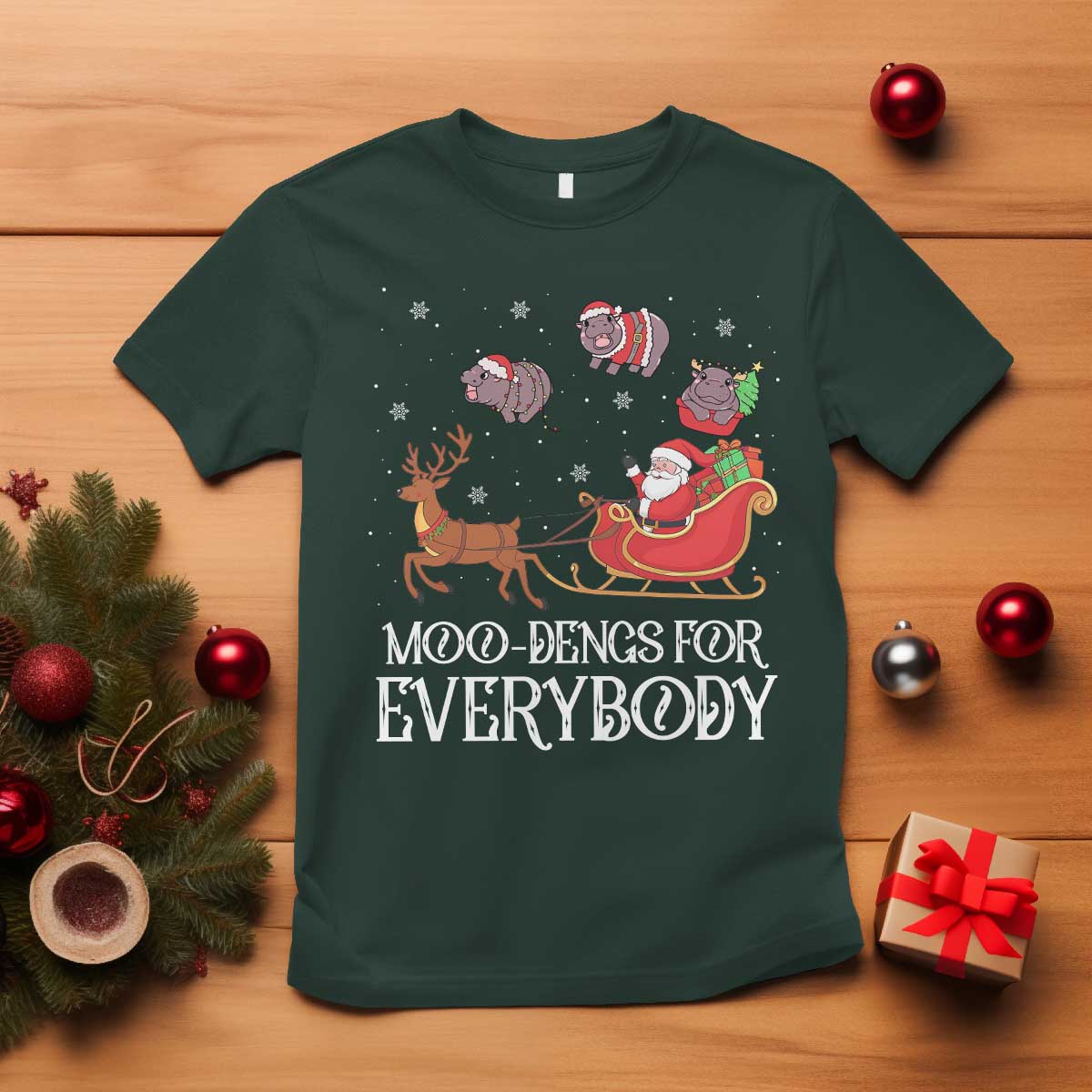 Christmas Moo Deng T Shirt Moo-deng For Everybody Funny Xmas Santa - Wonder Print Shop