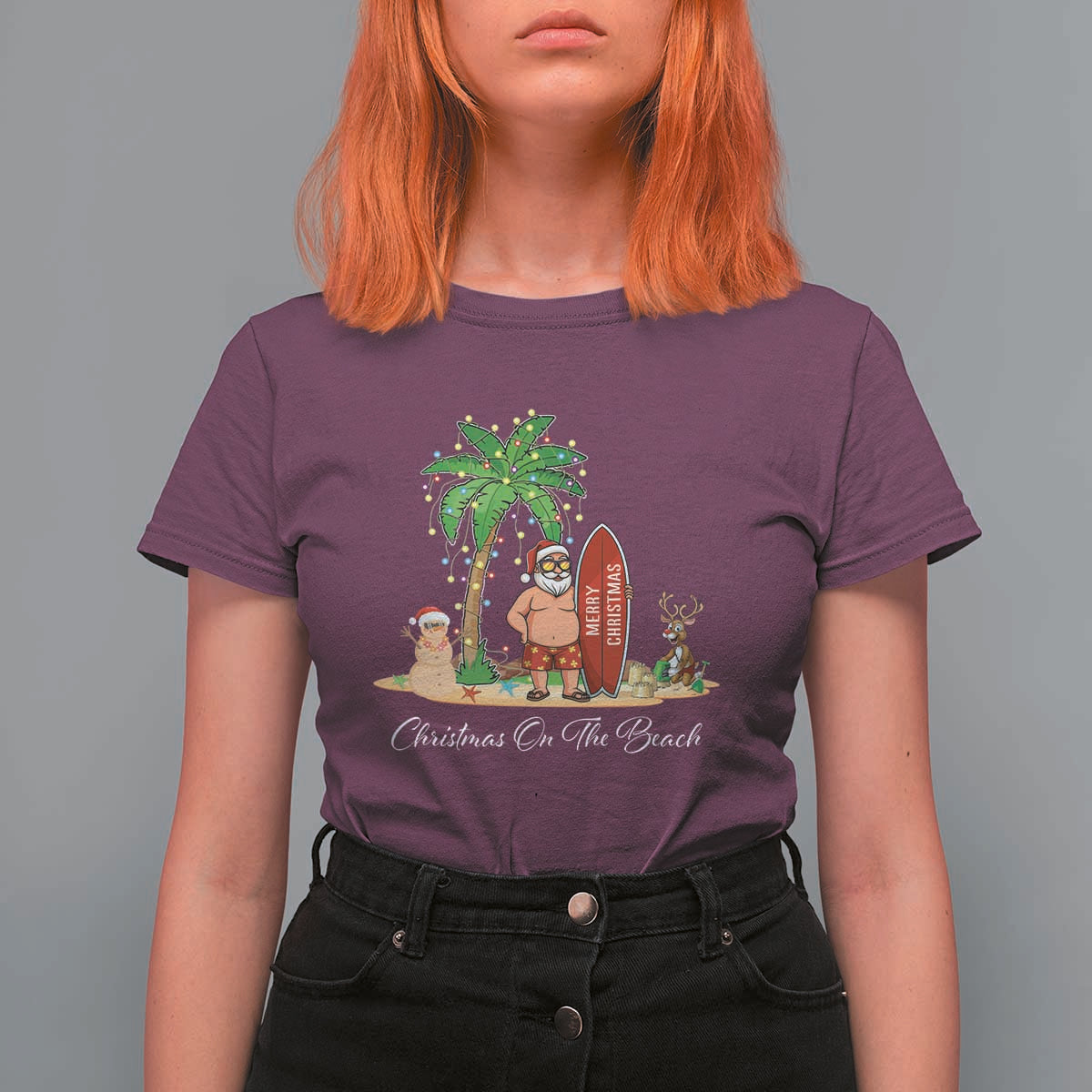 Hawaii Christmas T Shirt For Women Christmas On The Beach Holiday Xmas Palm Tree - Wonder Print Shop