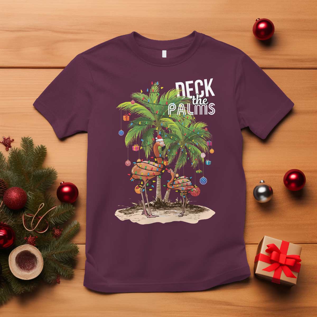 Mele Kalikimaka Hawaiian Christmas T Shirt Deck The Palms Holiday Flamingo Beach Family Vacation In Hawaii - Wonder Print Shop