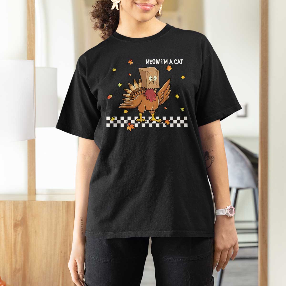 Turkey Cat T Shirt For Women Funny Thanksgiving Meow - Wonder Print Shop