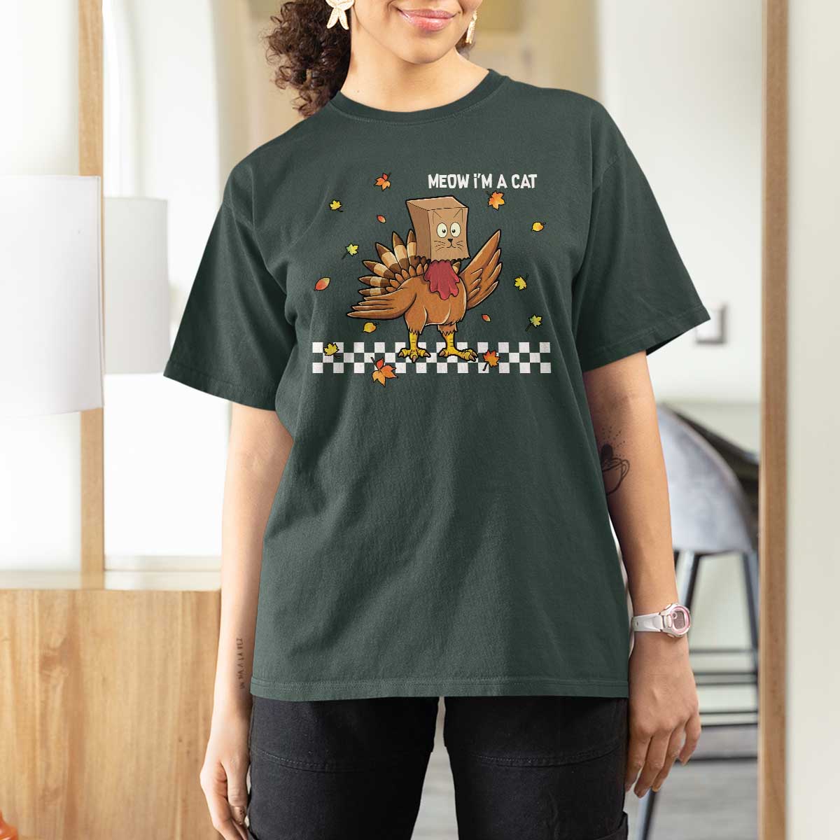 Turkey Cat T Shirt For Women Funny Thanksgiving Meow - Wonder Print Shop
