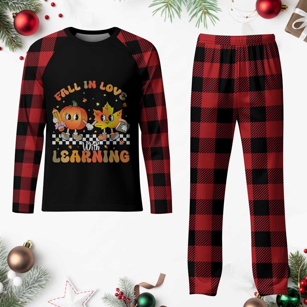 Autumn Teacher Plaid Pajama Set Retro Fall In Love With Learning Thanksgiving Pumpkin - Wonder Print Shop