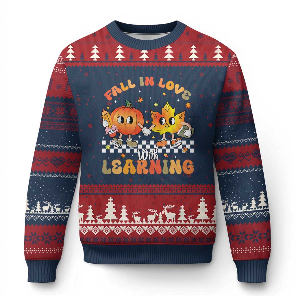 Autumn Teacher Ugly Christmas Sweater Retro Fall In Love With Learning Thanksgiving Pumpkin - Wonder Print Shop