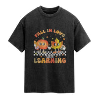 Autumn Teacher Washed Cotton T-Shirt Retro Fall In Love With Learning Thanksgiving Pumpkin