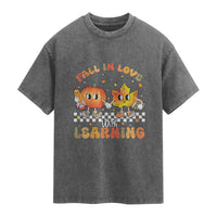 Autumn Teacher Washed Cotton T-Shirt Retro Fall In Love With Learning Thanksgiving Pumpkin